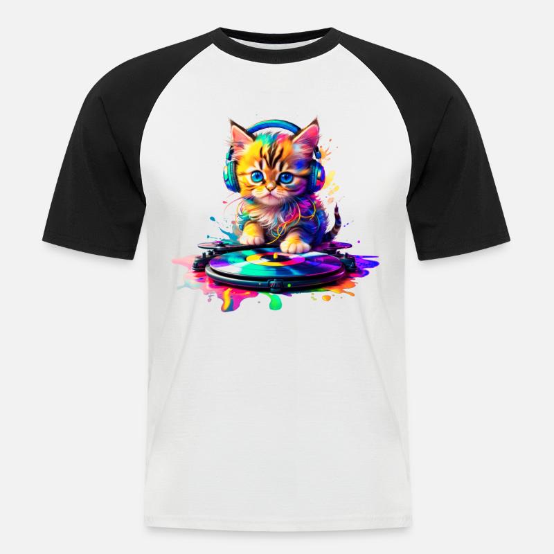 Kätzchen DJ - Regenbogen 2 - Männer Baseball-T-Shirt - Weiß/Schwarz