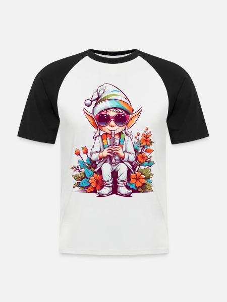 Elfe avec flûte - T-shirt baseball manches courtes Homme - blanc/noir