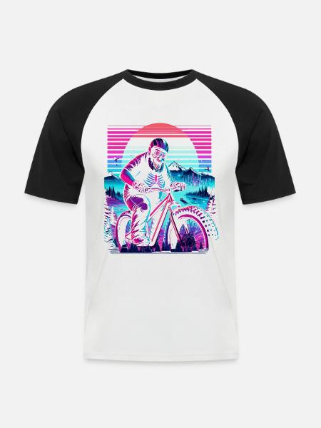 Synthwave Skeleton Biker Fatbike Retro Sunset - Men's Baseball T-Shirt - white/black