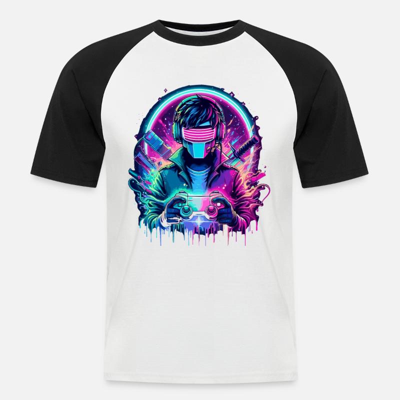 Neon Cyber Controller - Retro Gaming Power - Männer Baseball-T-Shirt - Weiß/Schwarz