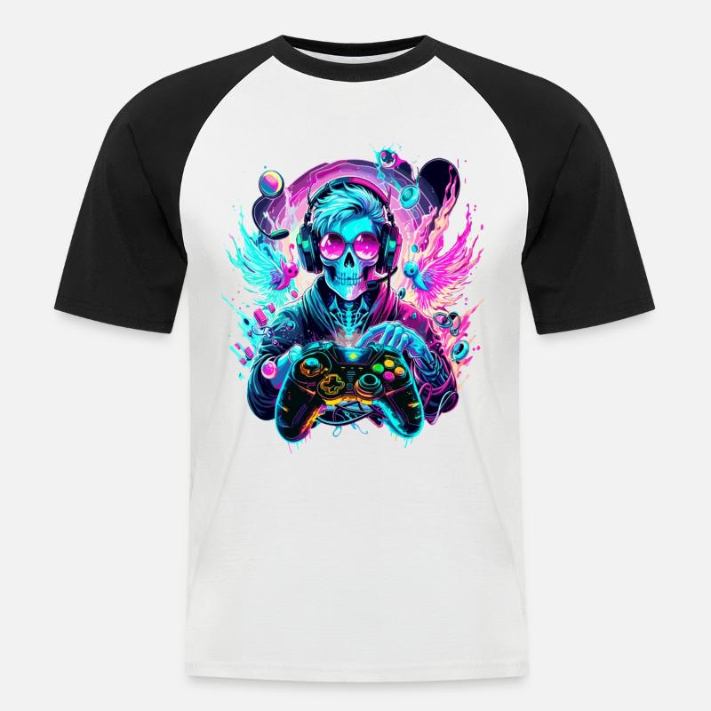 Synthwave Skull Gaming Controller Art - Männer Baseball-T-Shirt - Weiß/Schwarz