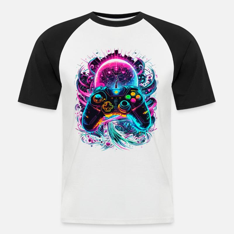 Synthwave Cyberpunk Gaming Controller - Männer Baseball-T-Shirt - Weiß/Schwarz
