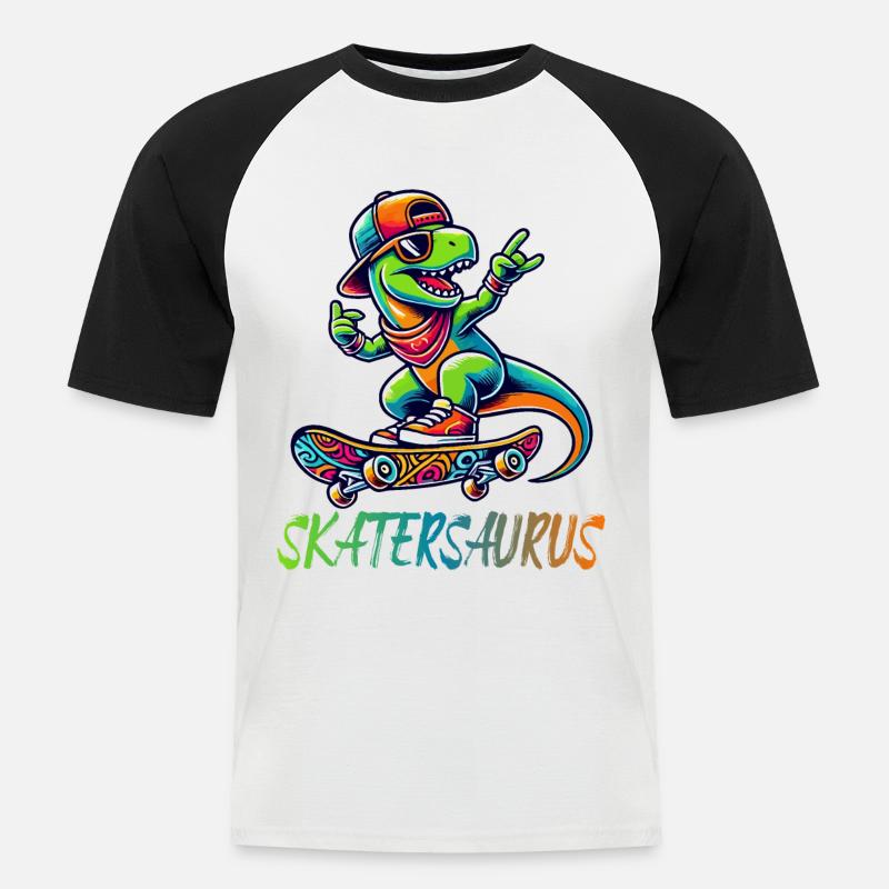 Skatersaurus Dinosaurier Retro Skateboarding Design - Männer Baseball-T-Shirt - Weiß/Schwarz