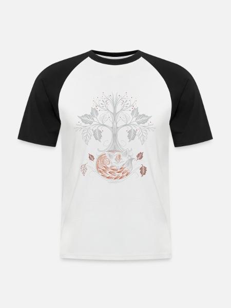 Schlafender Fuchs unter Lebensbaum - Herbstnacht - Männer Baseball-T-Shirt - Weiß/Schwarz