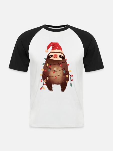 Funny Sloth Fairy Lights Christmas Tree - Men's Baseball T-Shirt - white/black