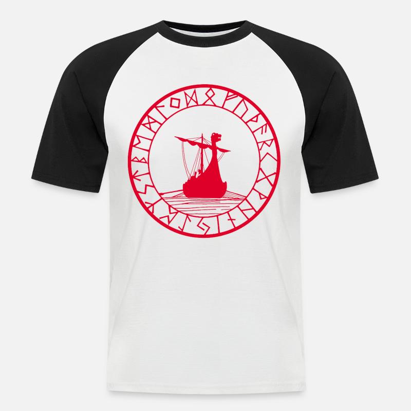 Rotes Wikinger-Langschiff und Kompass - Männer Baseball-T-Shirt - Weiß/Schwarz