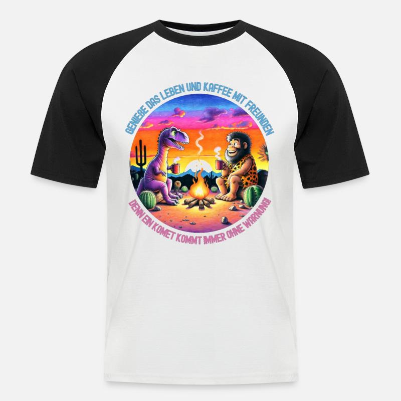 Dinosaurier und Löwe beim Camping - Männer Baseball-T-Shirt - Weiß/Schwarz