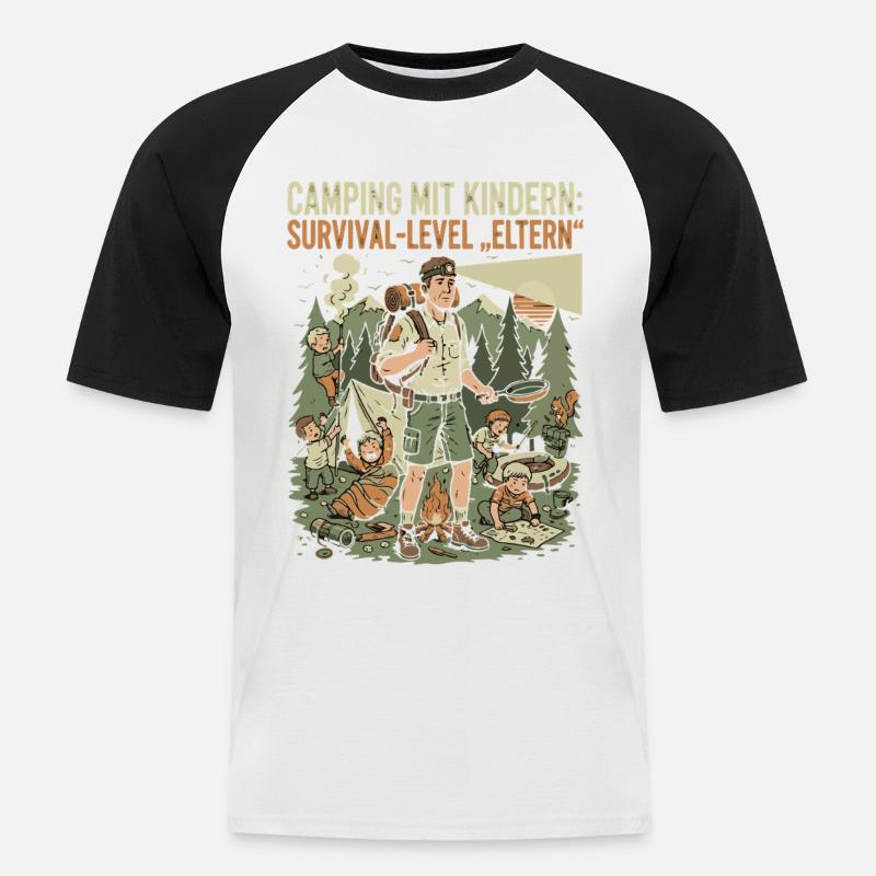 Camping mit Kindern - Survival-Level Eltern - Männer Baseball-T-Shirt - Weiß/Schwarz