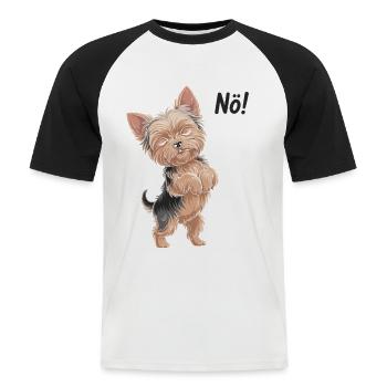 Sød Yorkshire Terrier med 'Nope!' Ballon - Kortærmet herre-baseballshirt - hvid/sort - Foran - Nik (191cm)