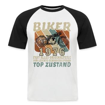 Moto Légende du Mythe de l’Homme Vintage 1976 - T-shirt baseball manches courtes Homme - blanc/noir - Devant - Nik (191cm)