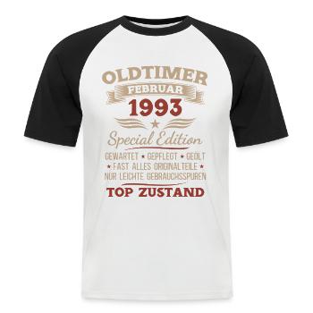 33. Geburtstag Mann Vintage 1993 Februar  - Männer Baseball-T-Shirt - Weiß/Schwarz - Vorne - Nik (191cm)