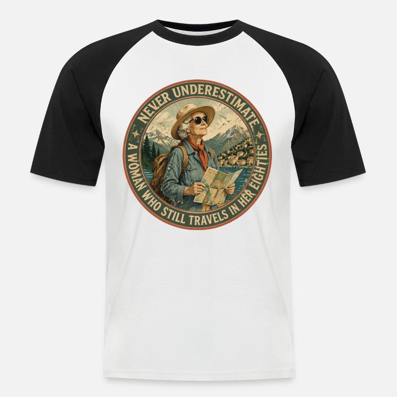 Baroudeuse de 80 ans : L'Aventure Continue - T-shirt baseball manches courtes Homme - blanc/noir