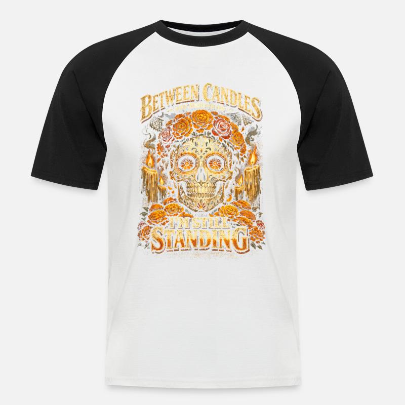 Dia De Los Muertos tra Candele e Calendule - Maglia da baseball a manica corta da uomo - bianco/nero