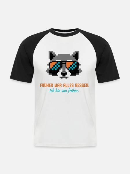 Waschbär Pixel Art Retro Nostalgie - Männer Baseball-T-Shirt - Weiß/Schwarz