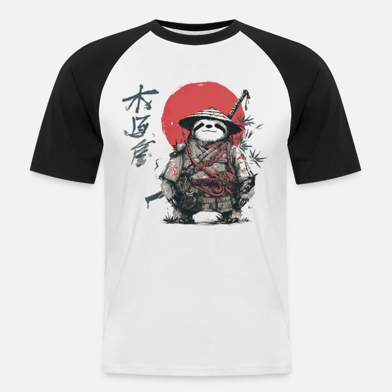Faultier-Samurai unter roter Sonne - Männer Baseball-T-Shirt - Weiß/Schwarz