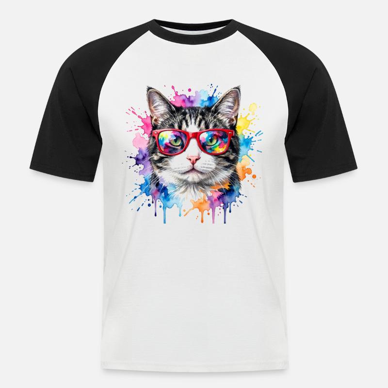 Katzengesicht im Regenbogen-Aquarell Geschenk - Männer Baseball-T-Shirt - Weiß/Schwarz