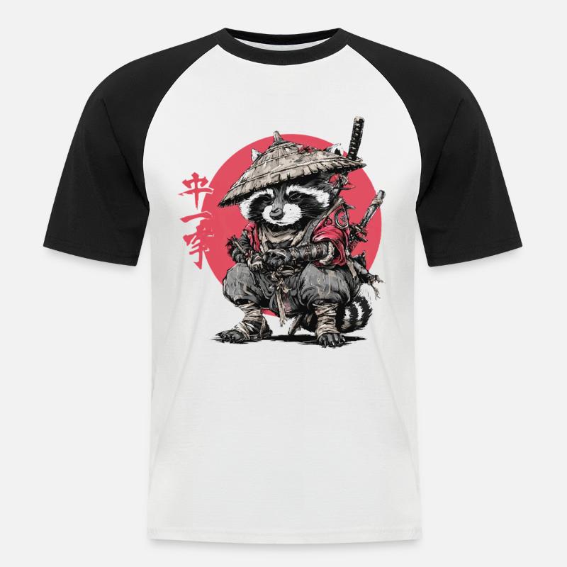 Waschbär-Samurai im Roten Kreis - Männer Baseball-T-Shirt - Weiß/Schwarz