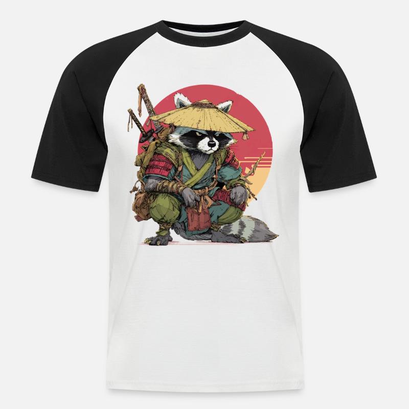 Waschbär-Samurai mit Strohhut - Männer Baseball-T-Shirt - Weiß/Schwarz