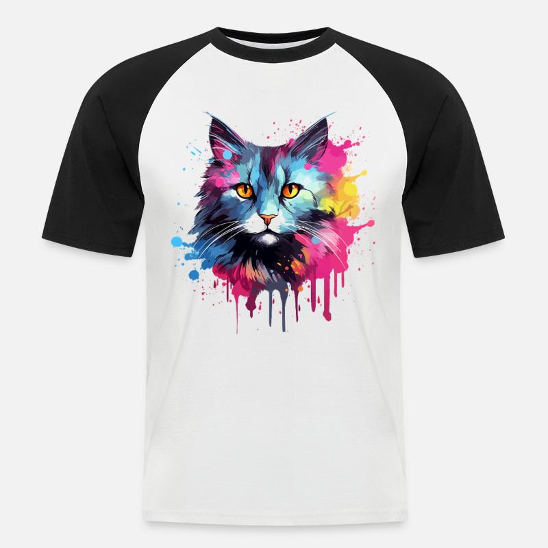 Amerikanischer Bobtail-Katzengesicht – bunte Splash-Kunst - Männer Baseball-T-Shirt - Weiß/Schwarz