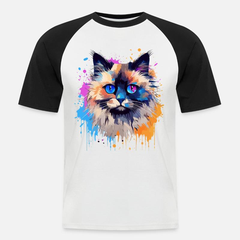 Bunte Birman-Katzengesicht-Splash-Kunst - Männer Baseball-T-Shirt - Weiß/Schwarz