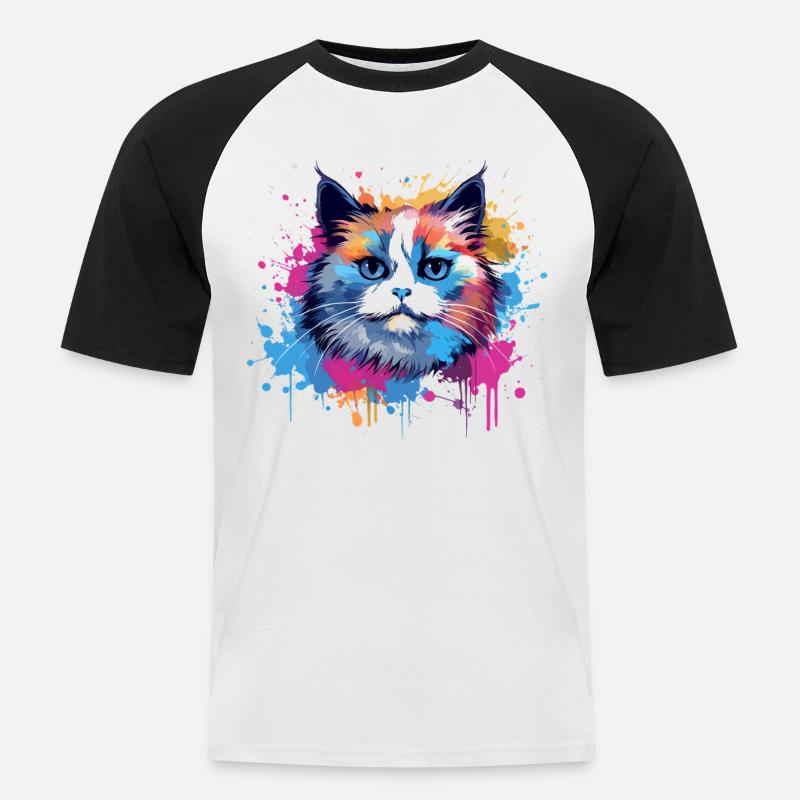 Birman-Katzengesicht Bunte Splash-Kunst - Männer Baseball-T-Shirt - Weiß/Schwarz