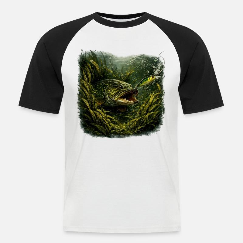 Hecht-Hinterhalt-Räuberfisch-Design - Männer Baseball-T-Shirt - Weiß/Schwarz