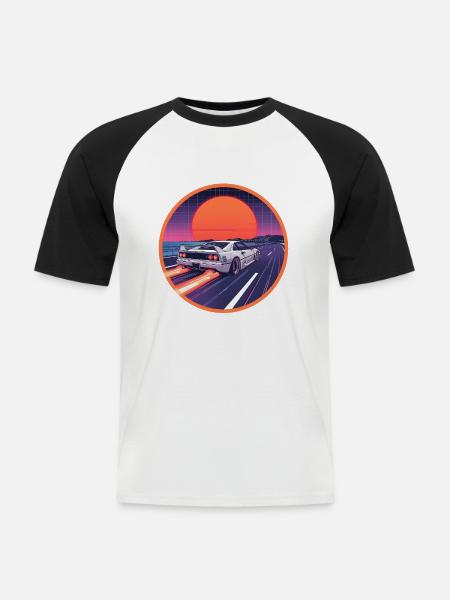 Neon Coastal Highway Cyber Supercar - Männer Baseball-T-Shirt - Weiß/Schwarz