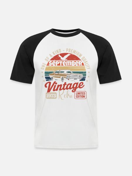 Jubiläum: September 1973 Oldtimer - Männer Baseball-T-Shirt - Weiß/Schwarz