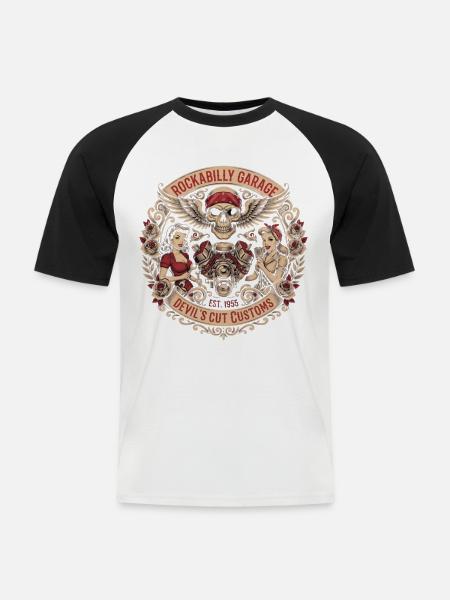 Rockabilly Skull Garage Roses - Männer Baseball-T-Shirt - Weiß/Schwarz