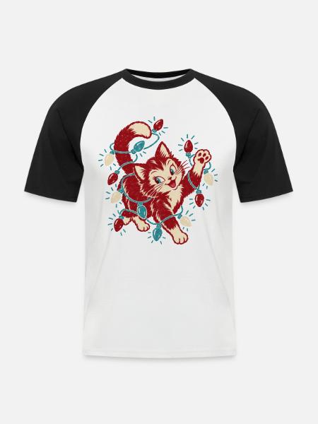 Weihnachtskatze Lichterkette Süßes Kätzchen Retro - Männer Baseball-T-Shirt - Weiß/Schwarz