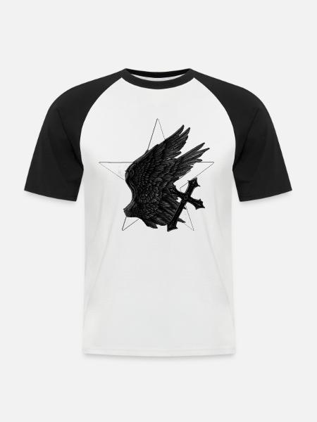 Pentagramm Schwarzer Flügel Gothic Kreuz Shirt - Männer Baseball-T-Shirt - Weiß/Schwarz