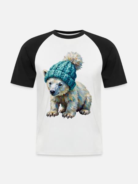 Kleiner Eisbär mit Pompon-Mütze - Männer Baseball-T-Shirt - Weiß/Schwarz