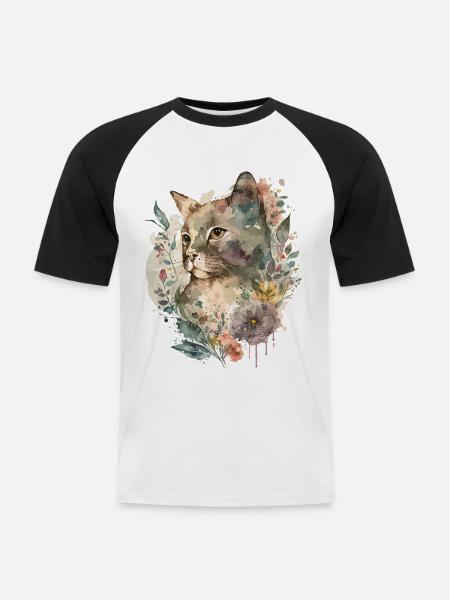 Cat Flowers Watercolor Drawing Art Colorful Floral - Men's Baseball T-Shirt - white/black