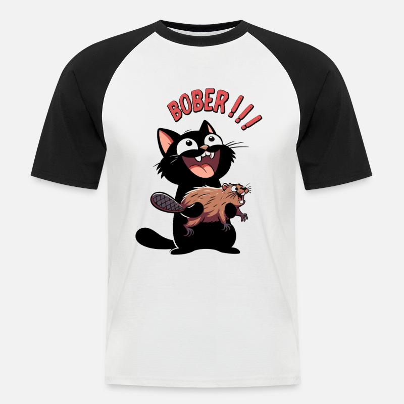 Hyper-Katze ruft „Bober!!!“ – Tierischer Ausraster - Männer Baseball-T-Shirt - Weiß/Schwarz