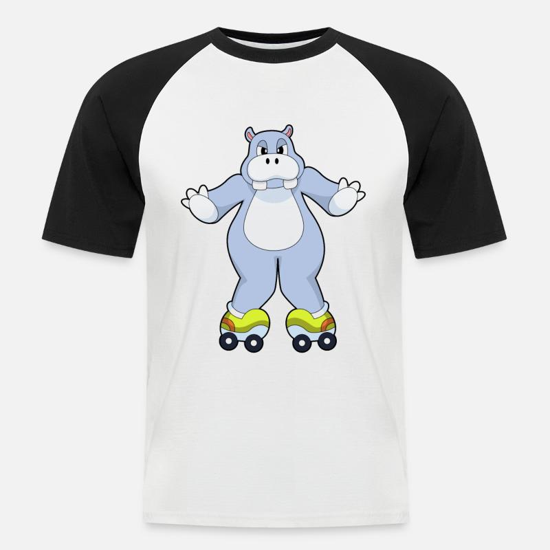 Hippo with roller skates - Men's Baseball T-Shirt - white/black