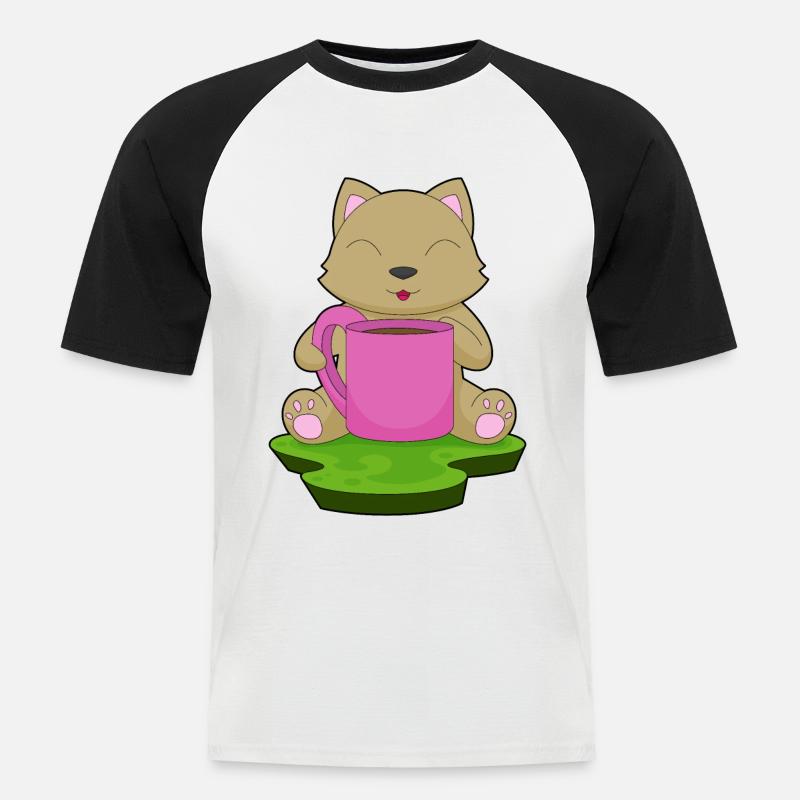 Katze Kaffee Becher - Männer Baseball-T-Shirt - Weiß/Schwarz