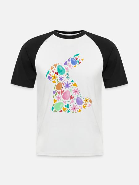 Farverig påskehare, påskeæg, blomster, påskegrafik - Kortærmet herre-baseballshirt - hvid/sort