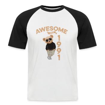 1991 Geburtstag Cool Teddy Bär Awesome since - Männer Baseball-T-Shirt - Weiß/Schwarz - Vorne - Nik (191cm)