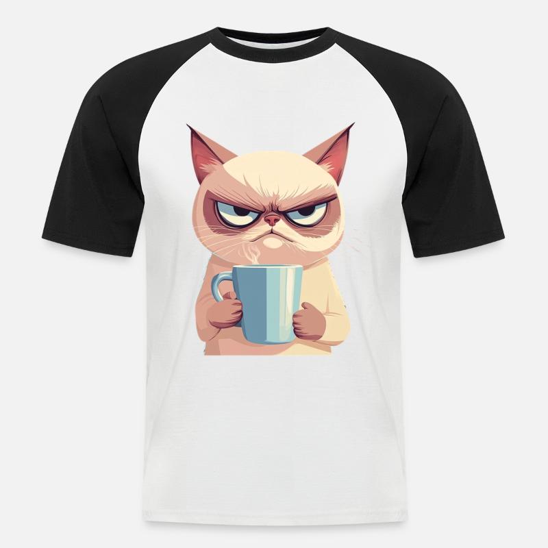 Grumpy-Stil: Grantige Katze mit Kaffee - Männer Baseball-T-Shirt - Weiß/Schwarz