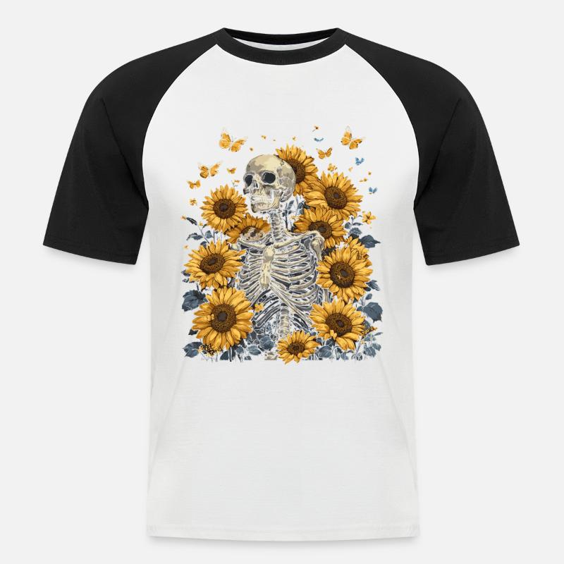 Skelett Blumen - Männer Baseball-T-Shirt - Weiß/Schwarz