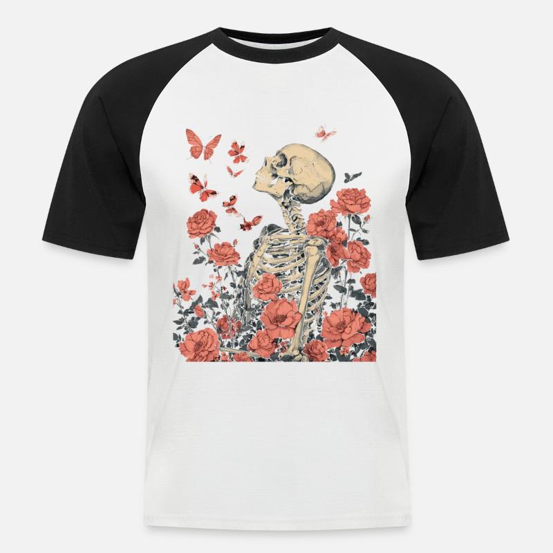 Skelett Blumen - Männer Baseball-T-Shirt - Weiß/Schwarz