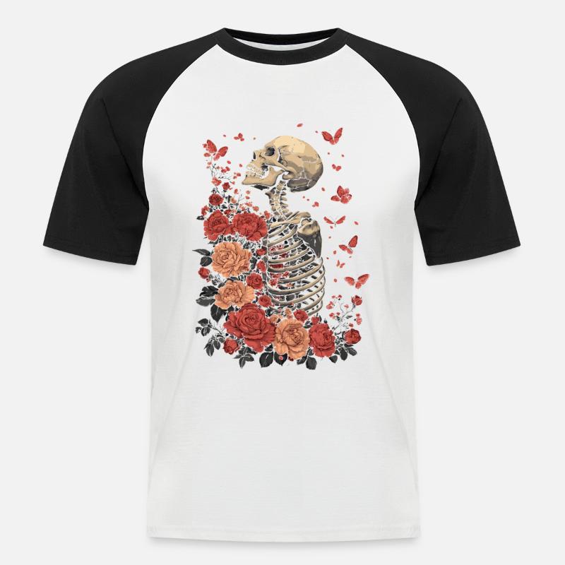 Skelett Blumen - Männer Baseball-T-Shirt - Weiß/Schwarz