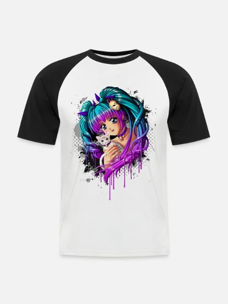 Killing og Pigtail Manga Girl - Kortærmet herre-baseballshirt - hvid/sort