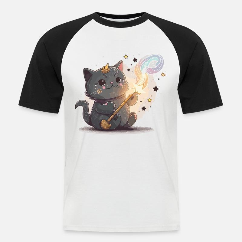 Witziger Katzen-Zauberer - Männer Baseball-T-Shirt - Weiß/Schwarz