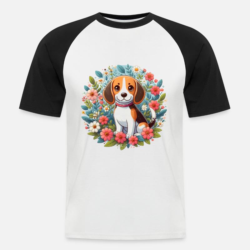 Beagle Blumen - Männer Baseball-T-Shirt - Weiß/Schwarz
