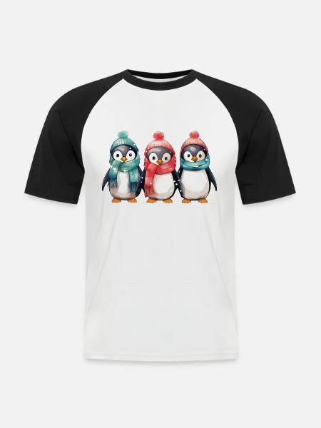 Julepingviner Tørklæde Hat Juletræ Sød - Kortærmet herre-baseballshirt - hvid/sort