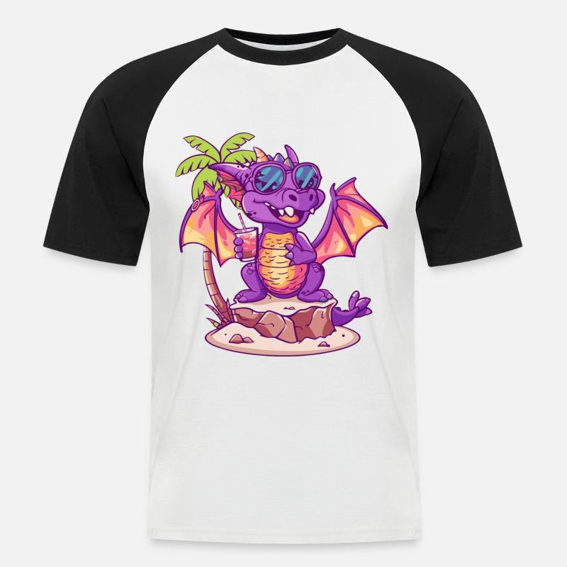 Drache Sommer Strand Comic - Männer Baseball-T-Shirt - Weiß/Schwarz