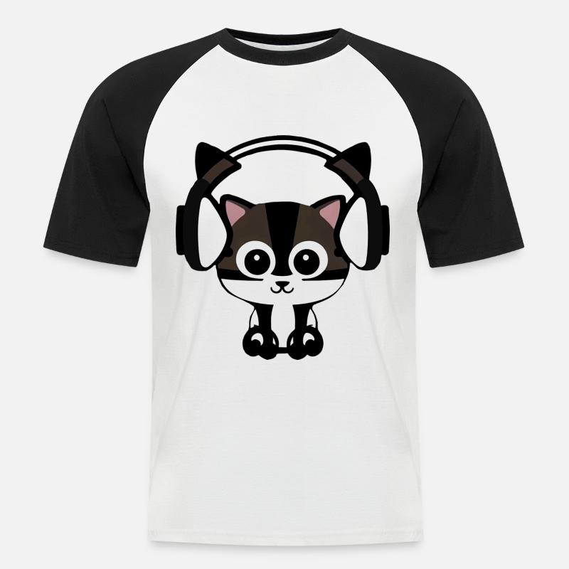 Melodische Samtpfote: Katze mit Headset - Männer Baseball-T-Shirt - Weiß/Schwarz