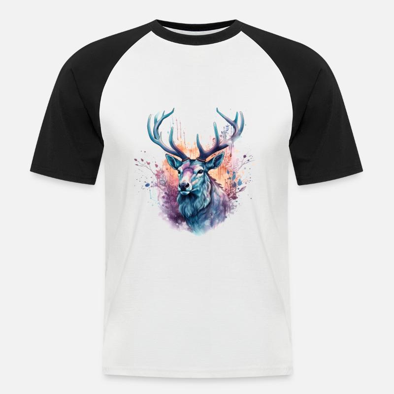 Hirsch Bunt Aquarell - Männer Baseball-T-Shirt - Weiß/Schwarz