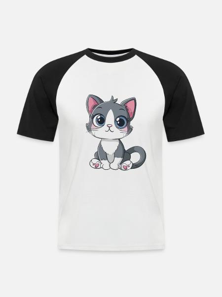 Sød kat med store øjne og potehjerter - Kortærmet herre-baseballshirt - hvid/sort